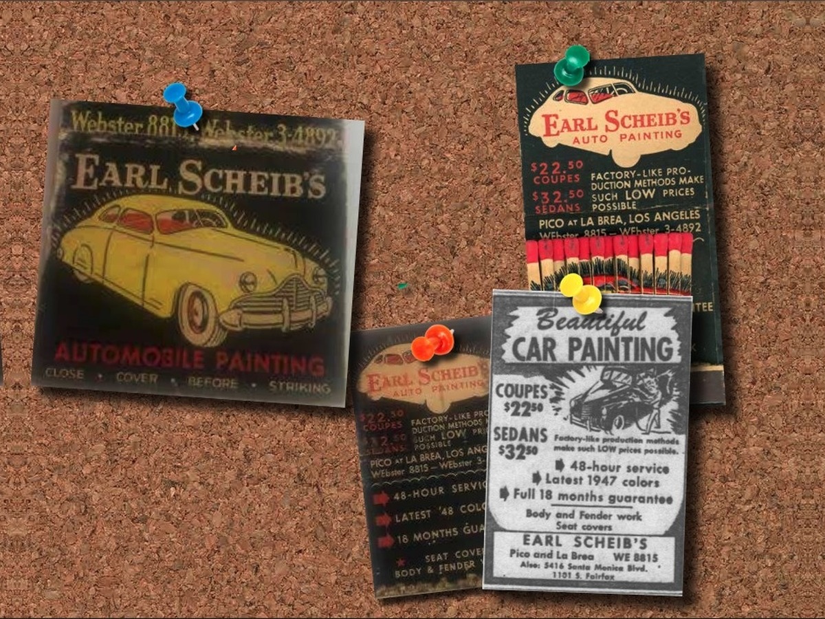 Vintage Earl Scheib matchbook ads pinned on a corkboard