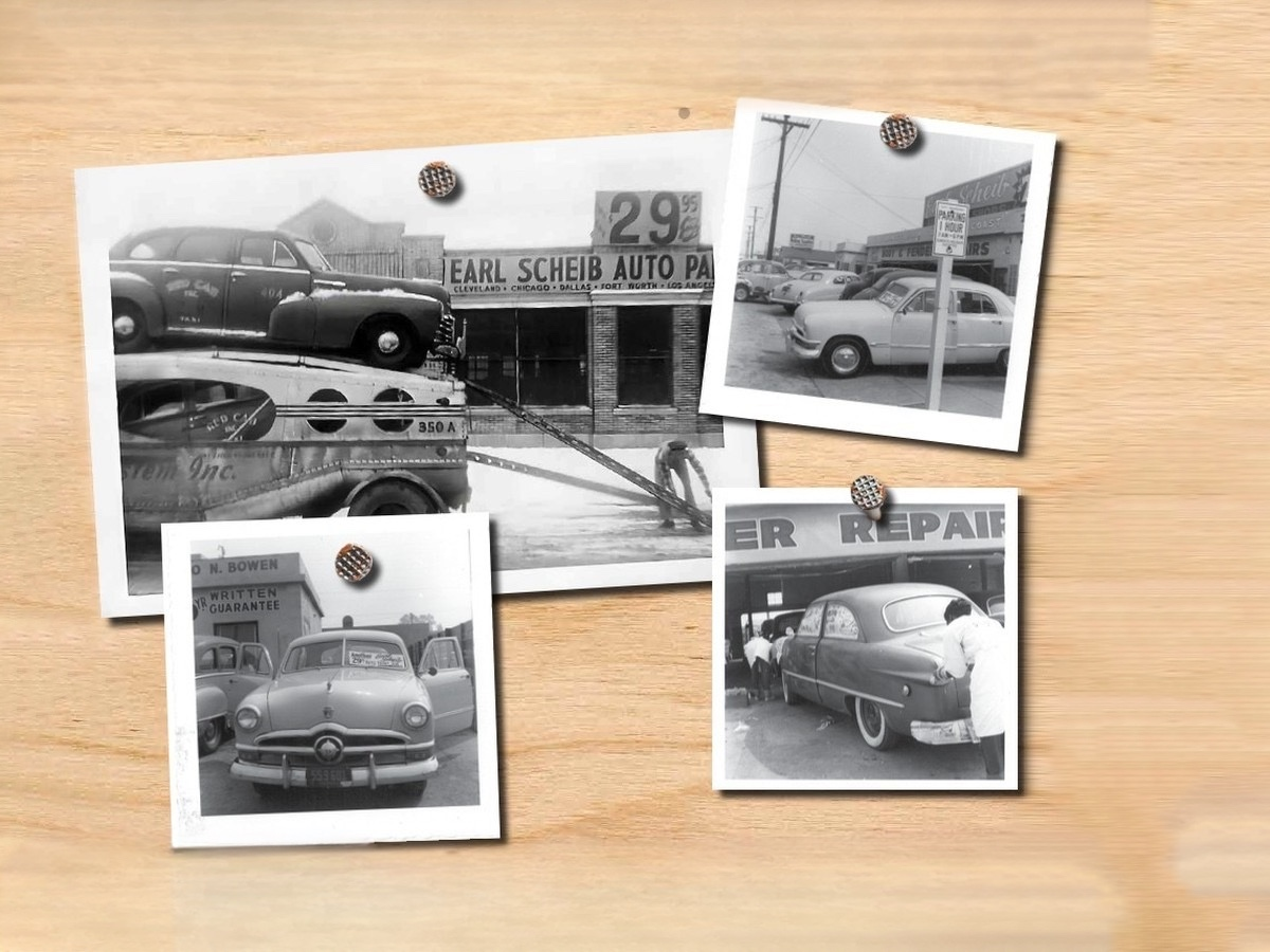 Woodboard of four early Earl Scheib shop photographs