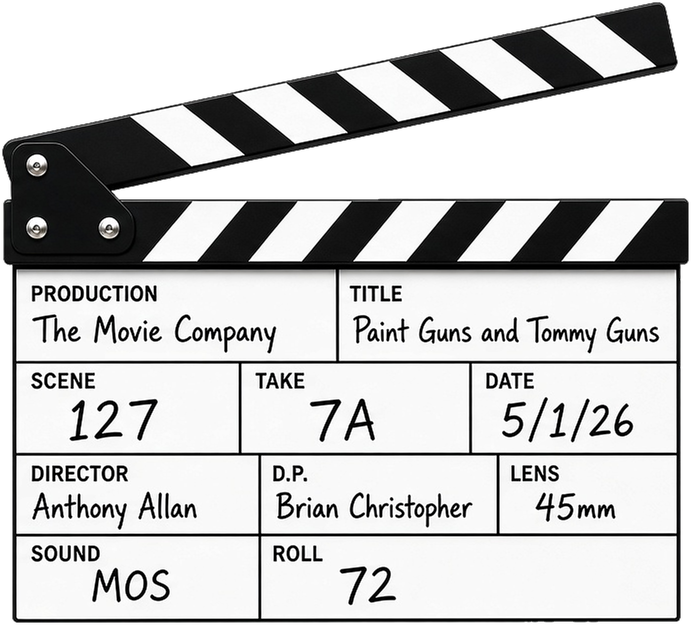 Film slate for Paint Guns and Tommy Guns — production The Movie Company, scene 127, take 7A, director Anthony Allan, D.P. Brian Christopher