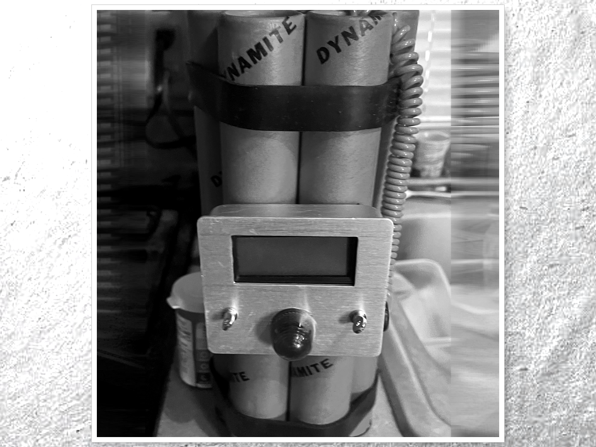 Uncle Phil’s prop dynamite gag gift — mock bomb on a kitchen counter