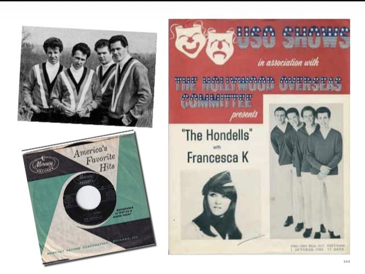 The Hondells memorabilia — Surf Route 101, Mercury Hits, and USO Shows poster