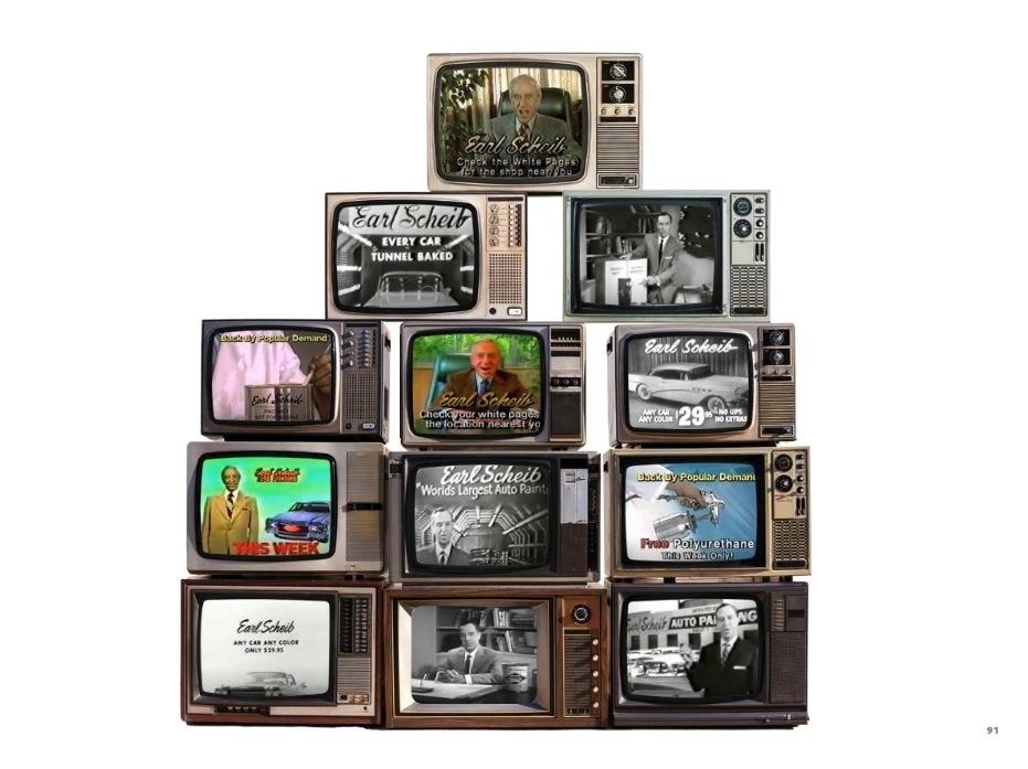 Stack of vintage TVs showing Earl Scheib commercials